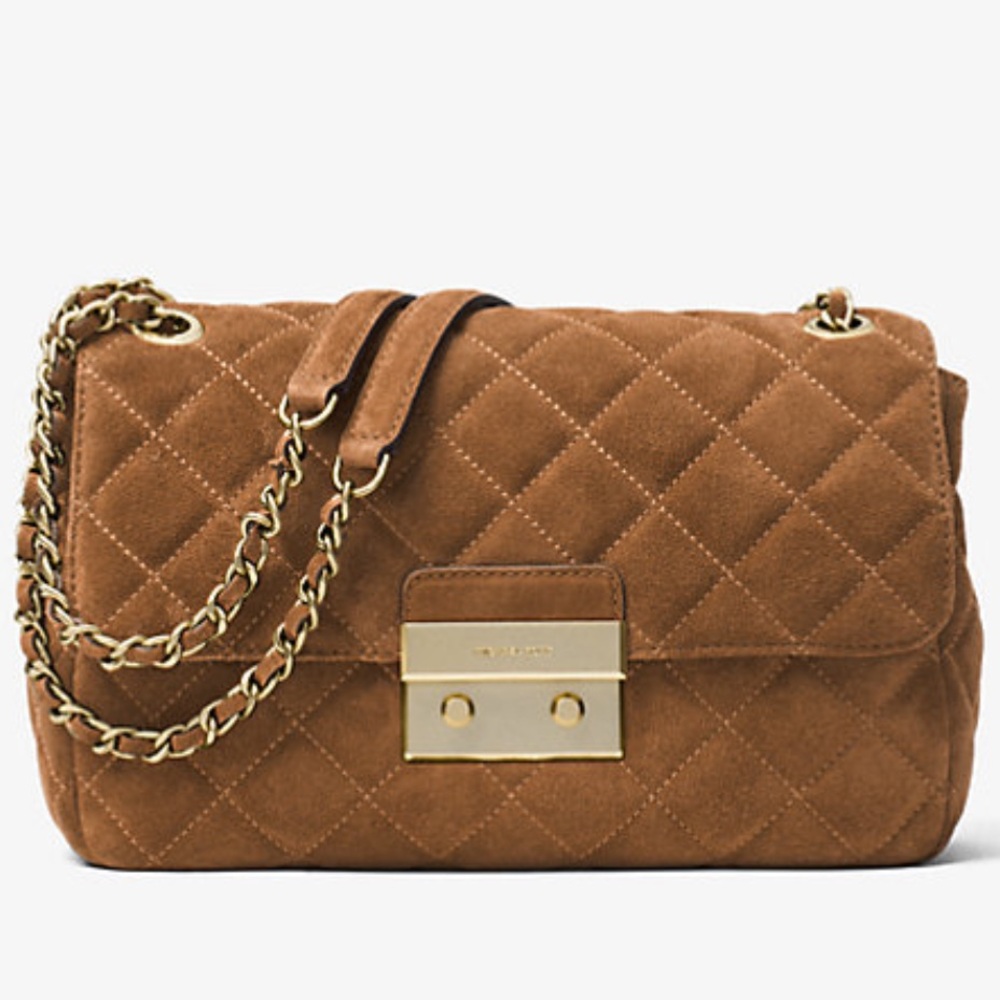 Michael Kors Quilted Suede Leather Dark Carmel Sloan Shoulder Bag